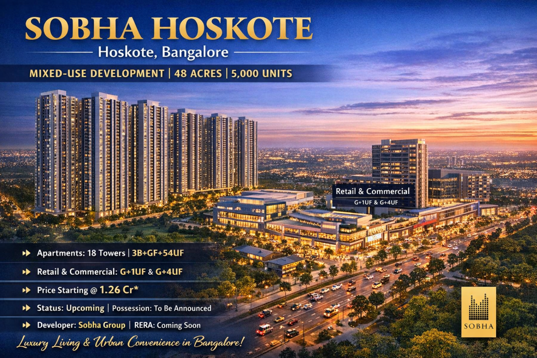 Invest in Sobha World City Hoskote by Sobha Group. This mixed-use development in East Bangalore promises high returns. 5,000+ units available. Book your slot now.