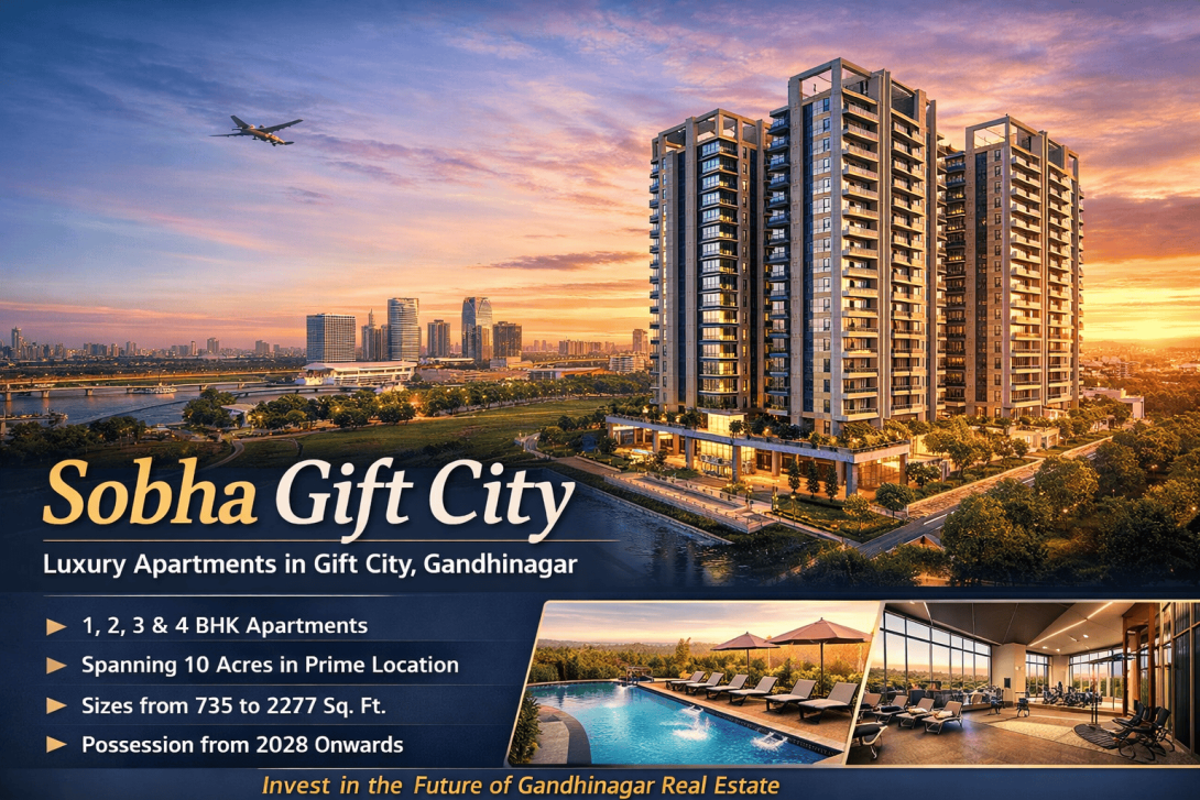 Sobha Gift City offers premium 1, 2, 3 & 4 BHK apartments in Gandhinagar’s prime financial district. Spread across 10 acres with 550 units, sizes range from 735 to 2277 sq ft.