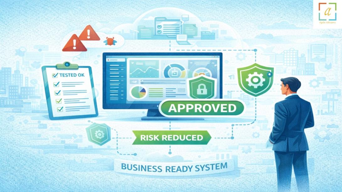 Illustration showing quality acceptance testing ensuring business ready and reliable software systems