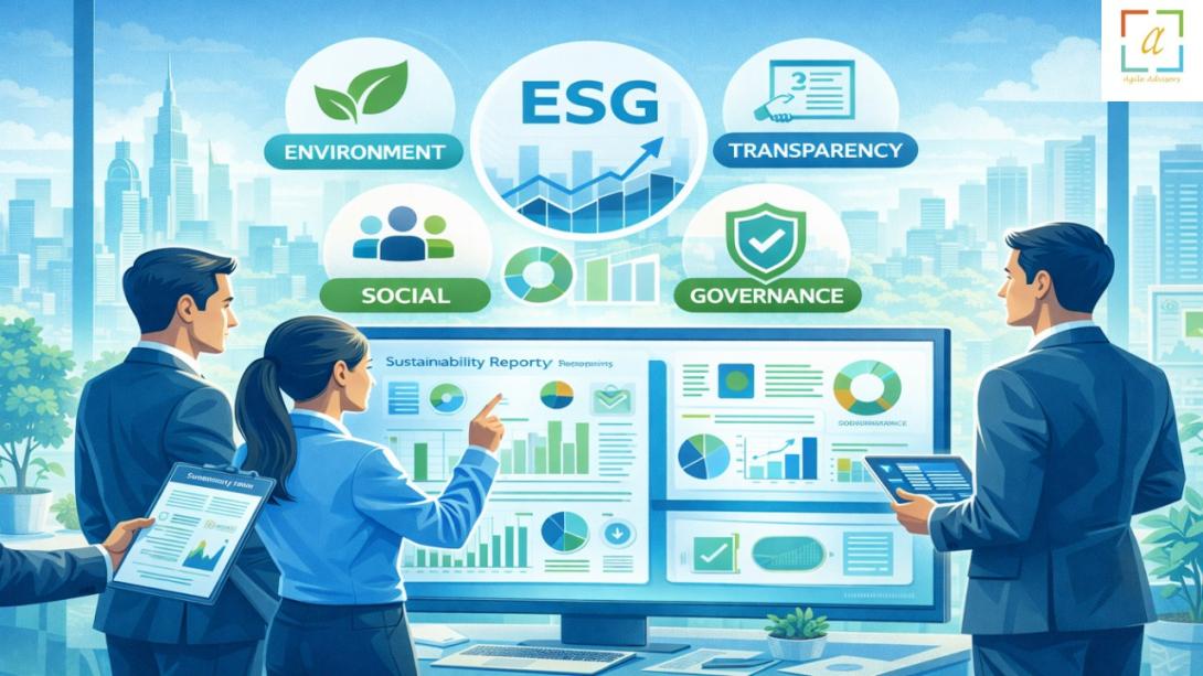 Sustainability reporting consultancy illustration showing ESG data analysis, transparent reporting, and non financial disclosure support for UAE organizations