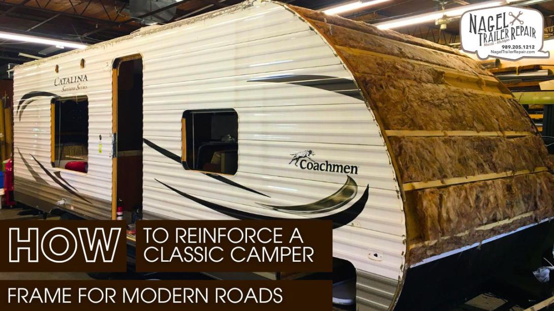 Side-view of a Coachmen Catalina trailer under renovation