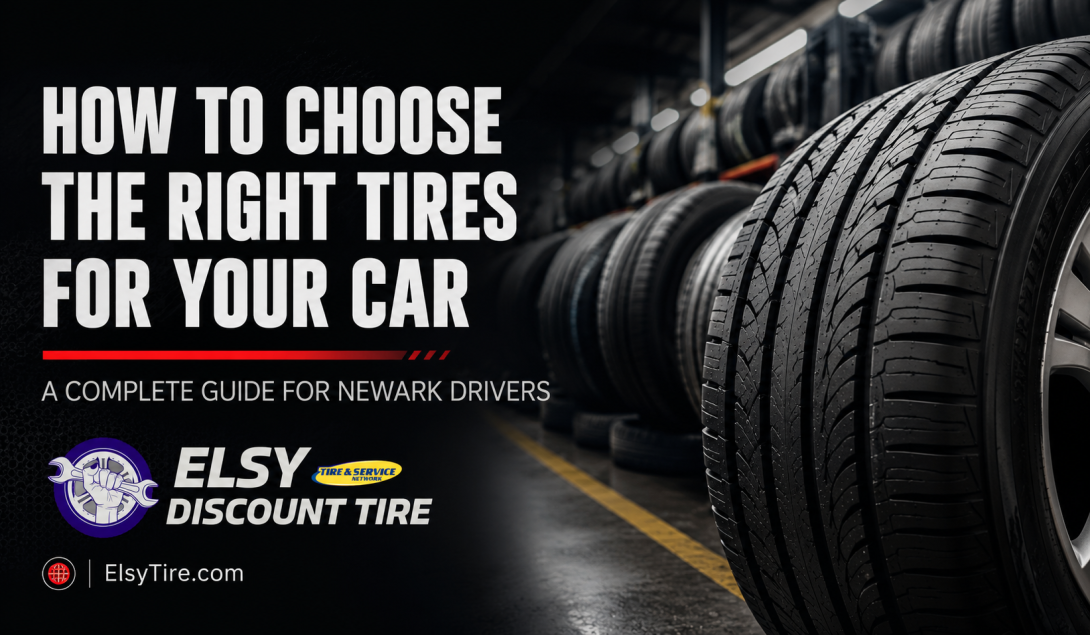 Wide cinematic blog banner for Elsy Discount Tire featuring a close-up of premium car tires inside a professional tire shop with a dark automotive theme. Bold white headline reads “How to Choose the Right Tires for Your Car” with the subheading “A Complete Guide for Newark Drivers.” The Elsy Discount Tire logo and ElsyTire.com branding appear in the bottom left corner with red accent design elements.