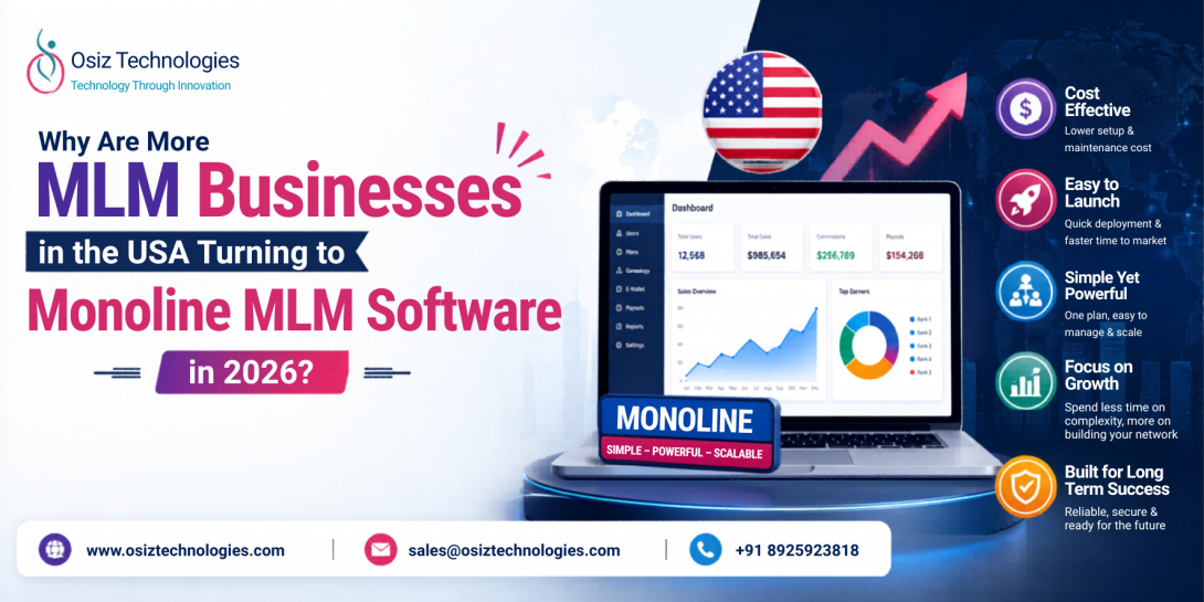 Monoline MLM software dashboard showing a simplified single-line network structure with automated commissions, crypto integration, compliance tools, and scalable business growth features.