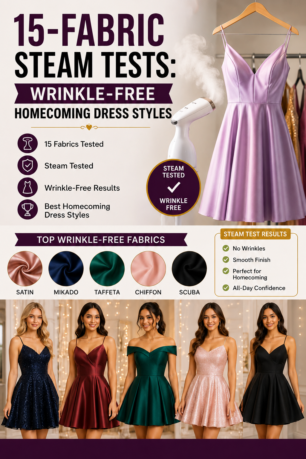 Choosing the right material makes all the difference when shopping for low-maintenance formal attire. Fabrics like scuba, heavy crepe, and tulle resist creasing naturally, saving you time and stress on event day. Always test heat settings carefully and steam from the inside out to protect your garment's finish.  