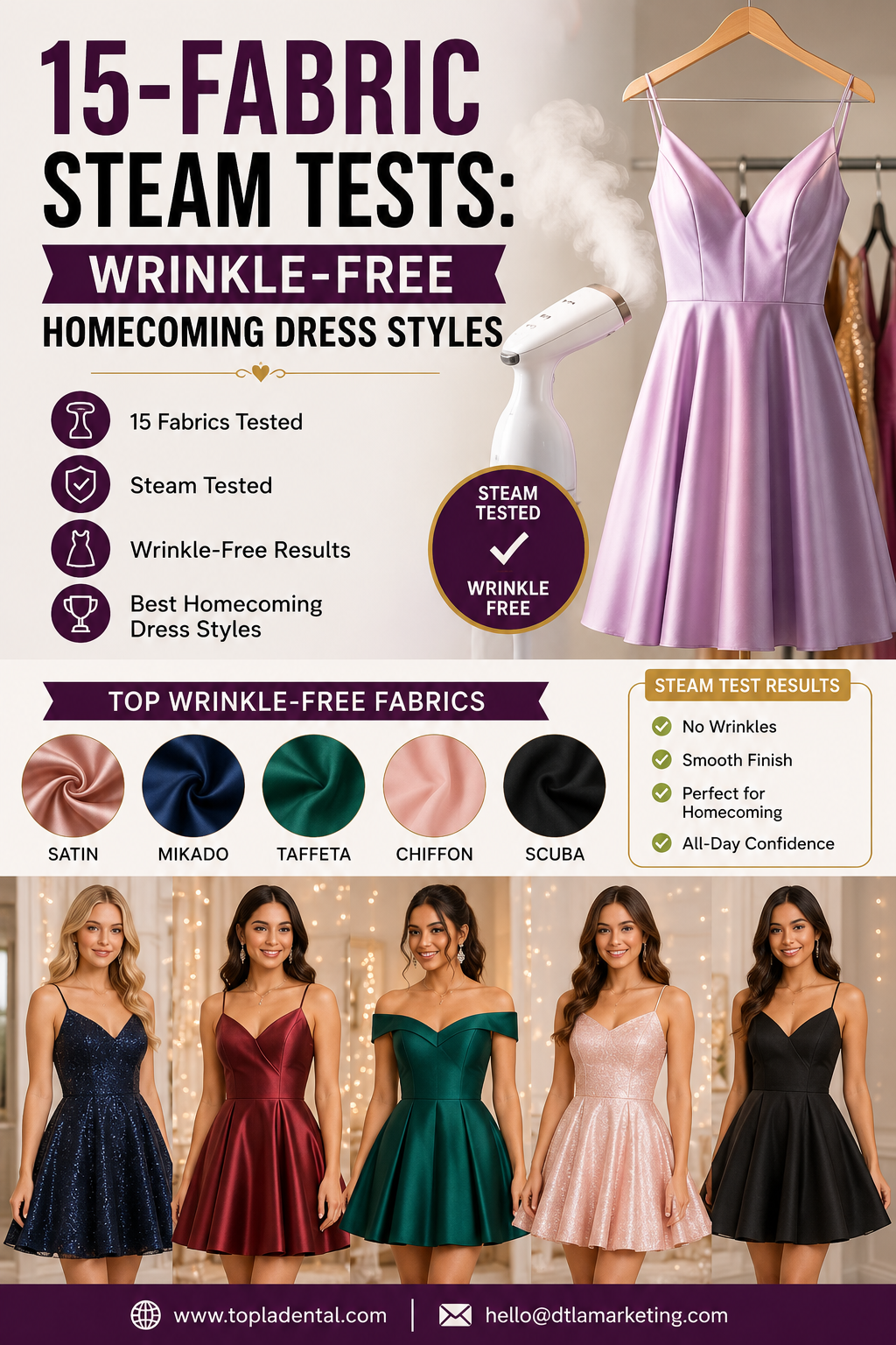 Choosing the right material makes all the difference when shopping for low-maintenance formal attire. Fabrics like scuba, heavy crepe, and tulle resist creasing naturally, saving you time and stress on event day. Always test heat settings carefully and steam from the inside out to protect your garment's finish.  