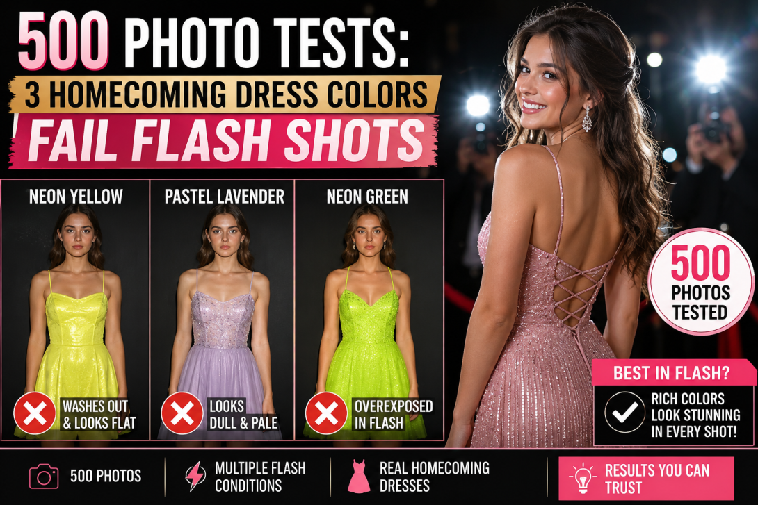 "Infographic for '500-Photo Tests: 3 Homecoming Dress Colors Fail Flash Shots' comparing dress colors that look bad under camera flash with better photo-ready choices."
