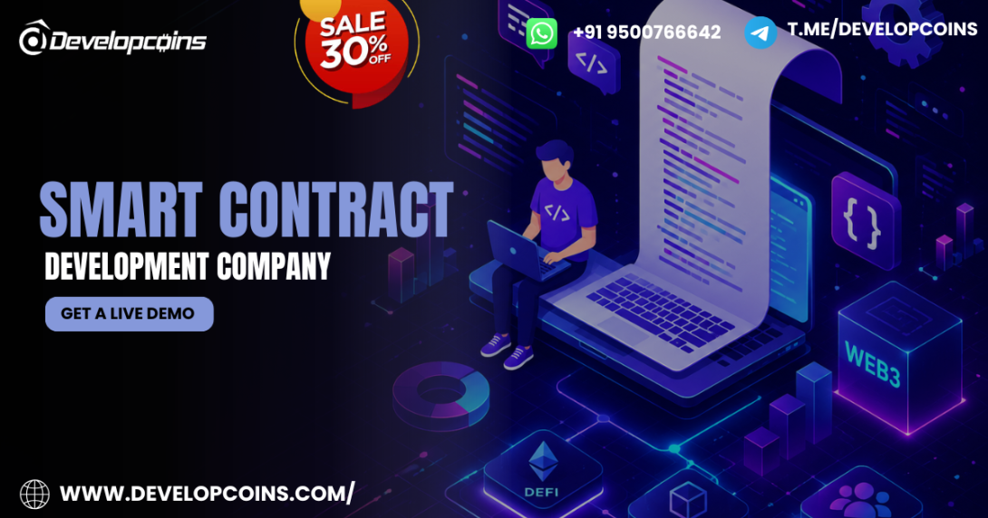Futuristic isometric illustration of a software developer working on a laptop with glowing code, holographic programming interfaces, and Web3 icons representing DeFi, NFT, DAO, and blockchain technology on a neon blue and purple digital background.