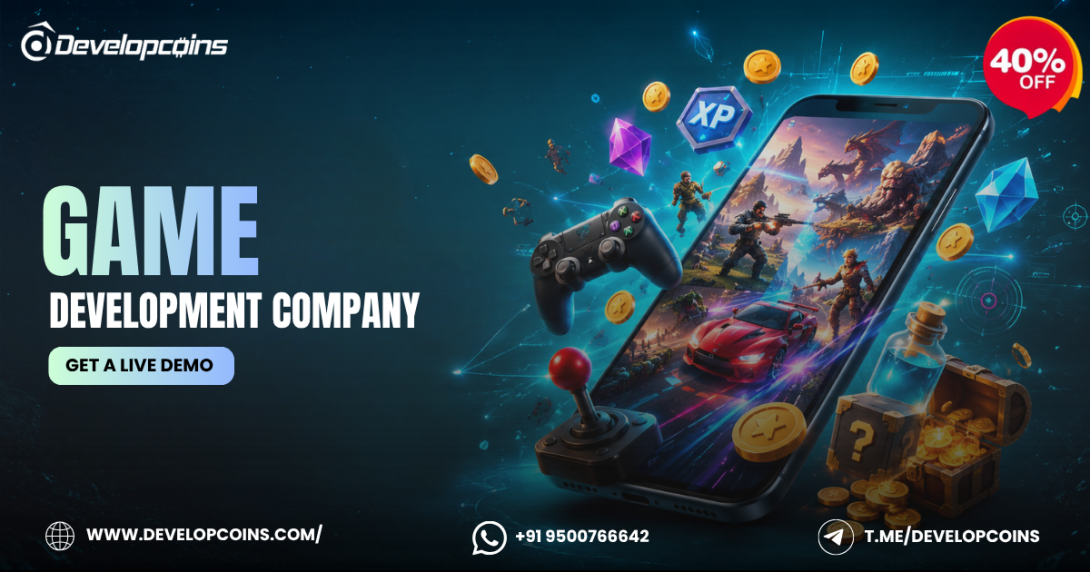 Game Development Company promotional banner featuring a smartphone displaying immersive racing, adventure, and action games, surrounded by a gaming controller, joystick, gold coins, gems, XP icons, treasure chest, and digital gaming elements. The design includes a "40% OFF" offer, a "Get a Live Demo" call-to-action, and Developcoins branding on a futuristic blue-themed background.