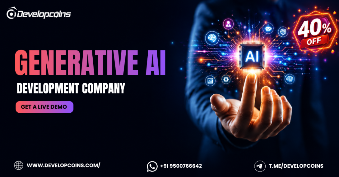 Futuristic Generative AI Development Company promotional banner featuring a glowing AI microchip held above a human hand with vibrant digital circuit effects. The design includes a bold "40% OFF" offer badge, premium dark background, call-to-action button, Developcoins branding, and contact information, highlighting advanced AI development services.