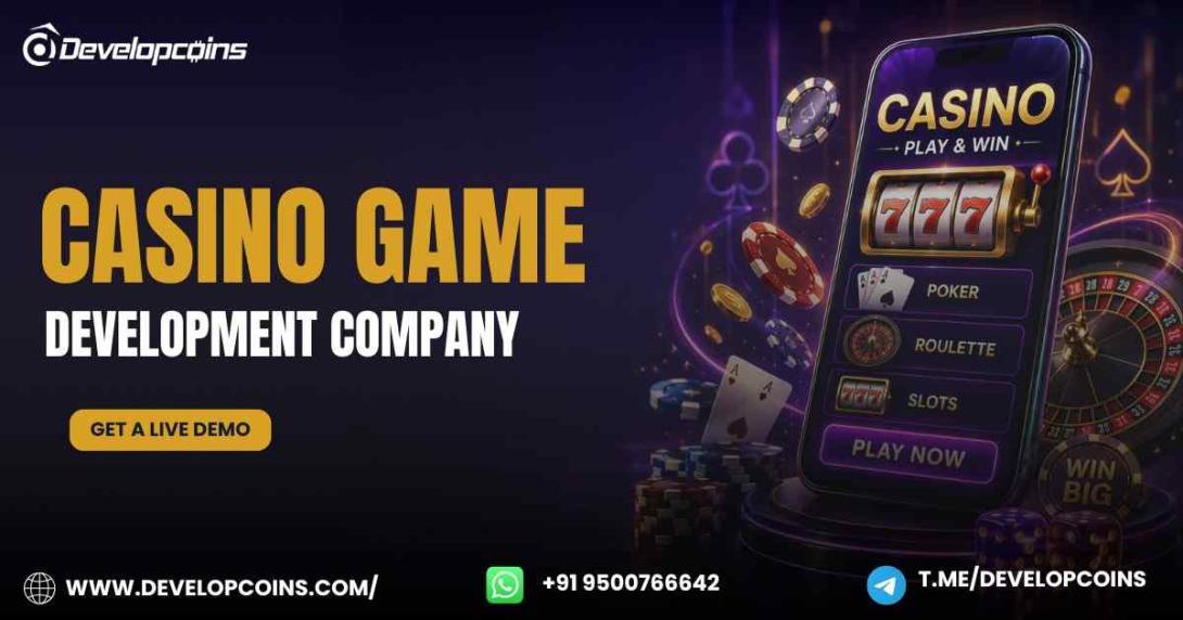 Promotional banner showcasing a modern casino gaming platform with slot machines, poker, roulette, and mobile gaming features. The image highlights professional casino game development services, a 30% discount offer, and live demo availability for businesses looking to launch engaging online casino solutions.
