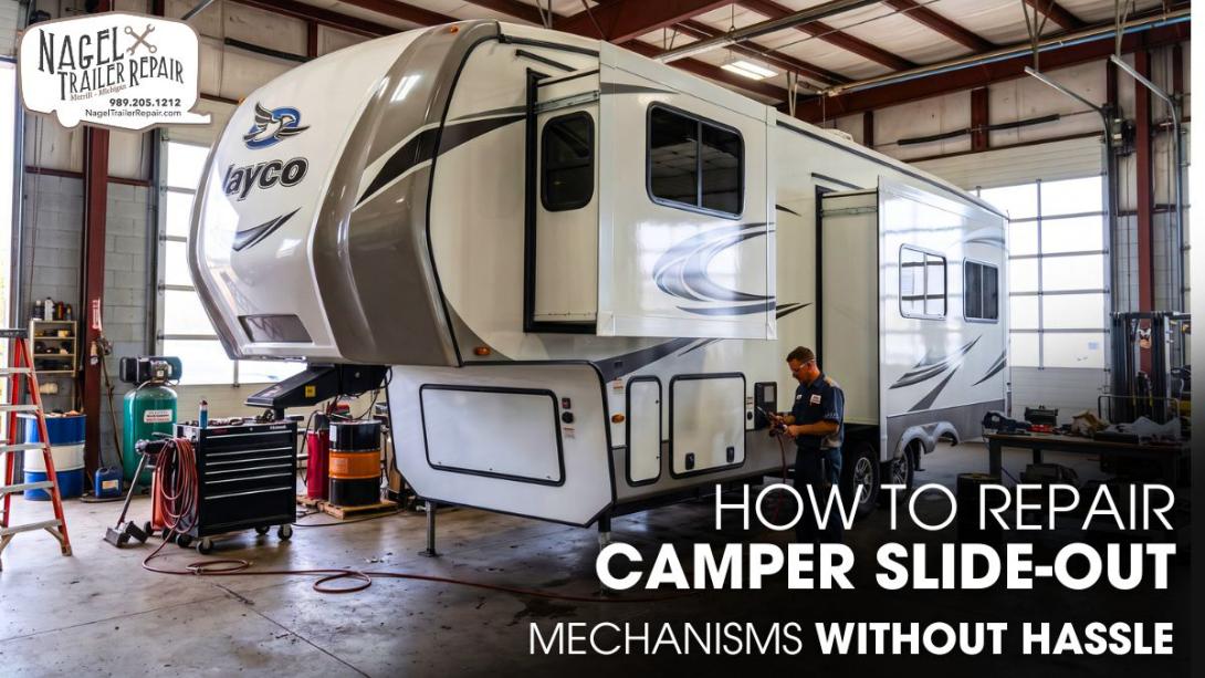 A Jayco 5th Wheel RV parked inside a Workshop for Slide-Out Repair works