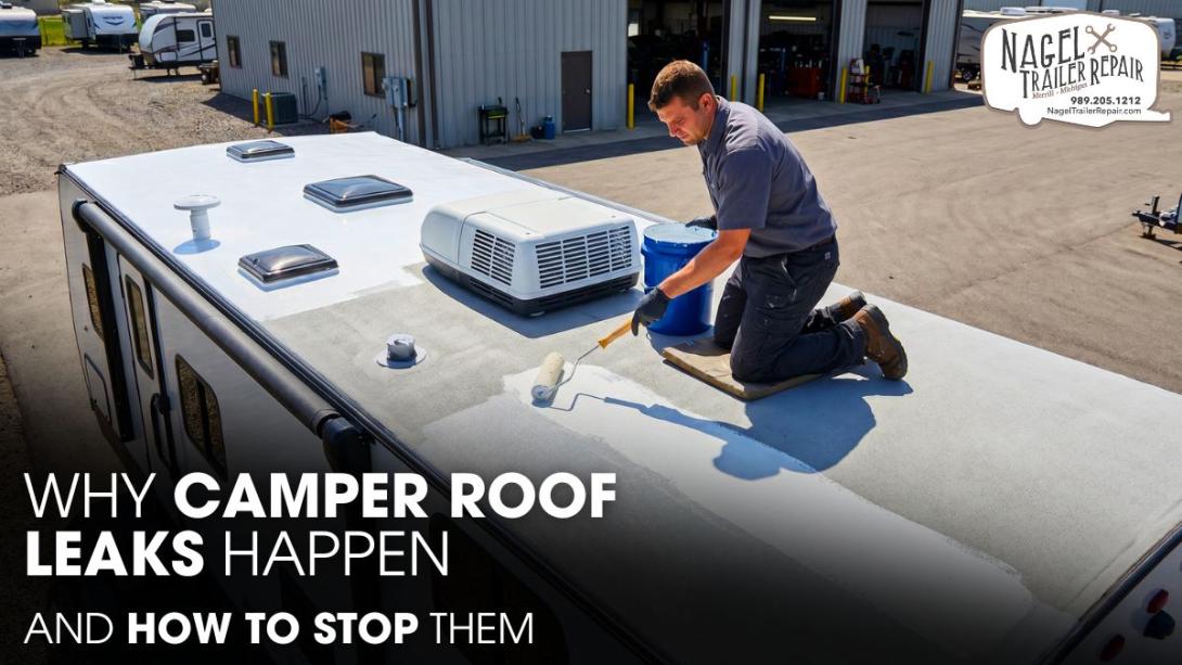 A Male Technician Repairing a Jayco Camper Roof outside of a workshop