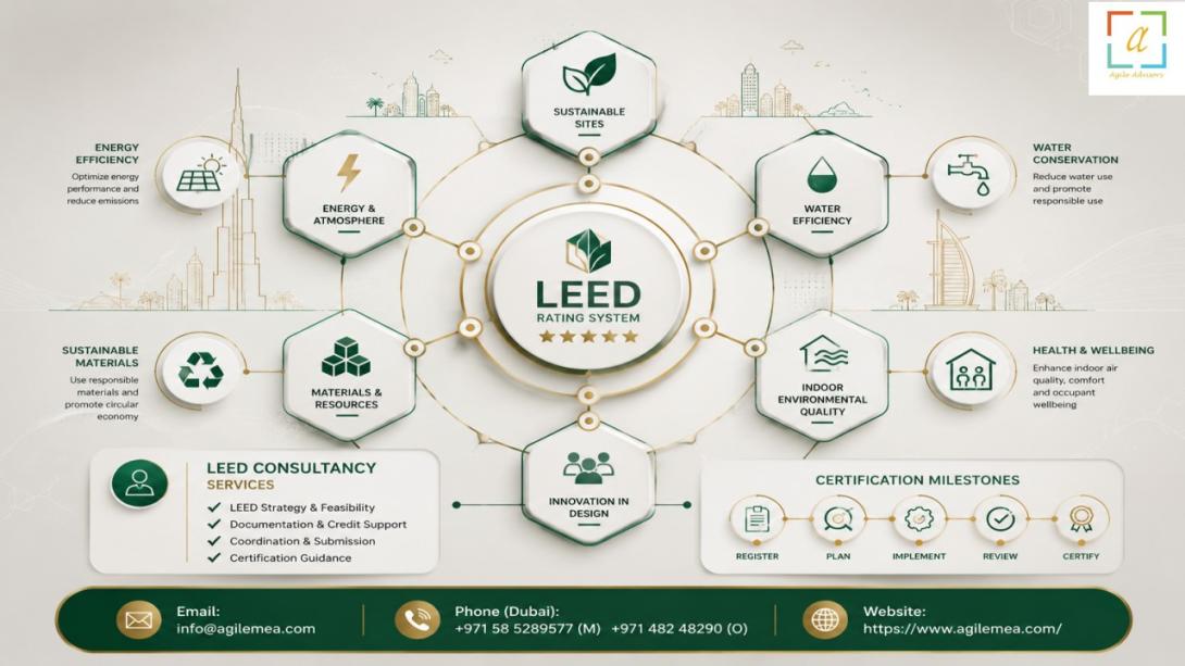 Discover how expert LEED Consultants in Dubai and comprehensive LEED Services in Dubai and UAE can help your organization achieve green building certification and drive sustainable excellence.