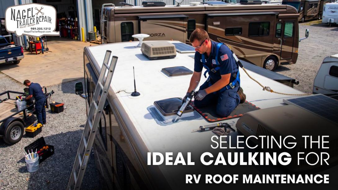 A Male Technician doing RV Roof Sealing of a Class A Motorhome
