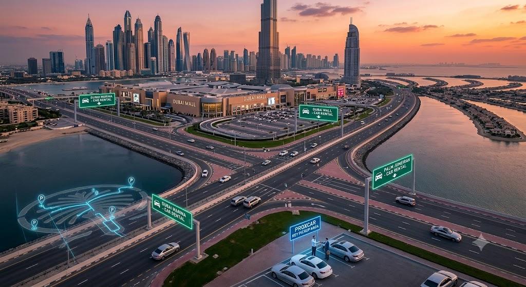 Dubai car rental map and pickup points overlooking the skyline at sunset.