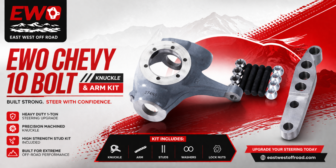 Dana 44 flat top knuckle conversion kit with driver and passenger knuckles, billet high steer arms, DOM tubing, and steering hardware.