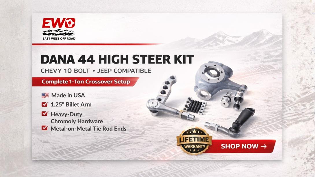 Dana 44 High Steer Arms kit with EWO passenger side flat top knuckle, 1.25 inch billet steering arm, drag link ends, pitman arm, and hardware.