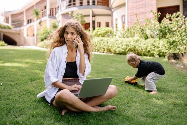 Photo by Yan Krukau: https://www.pexels.com/photo/photo-of-woman-using-silver-laptop-with-her-child-playing-on-grass-field-4458399/
