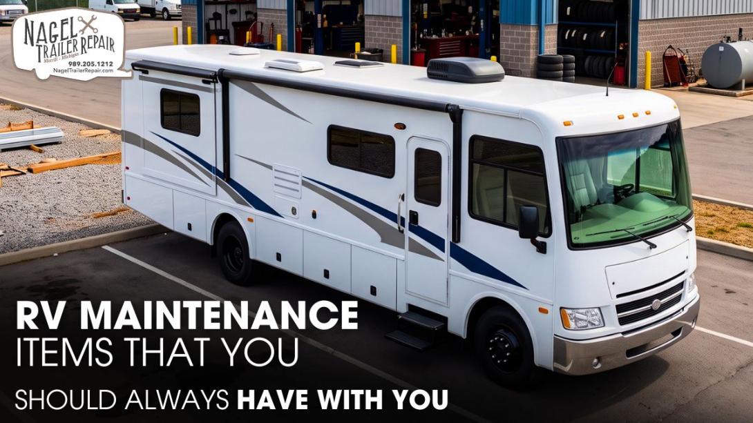 A Class A Motorhome Parked Outside of a RV Repair Shop for Maintenance Works