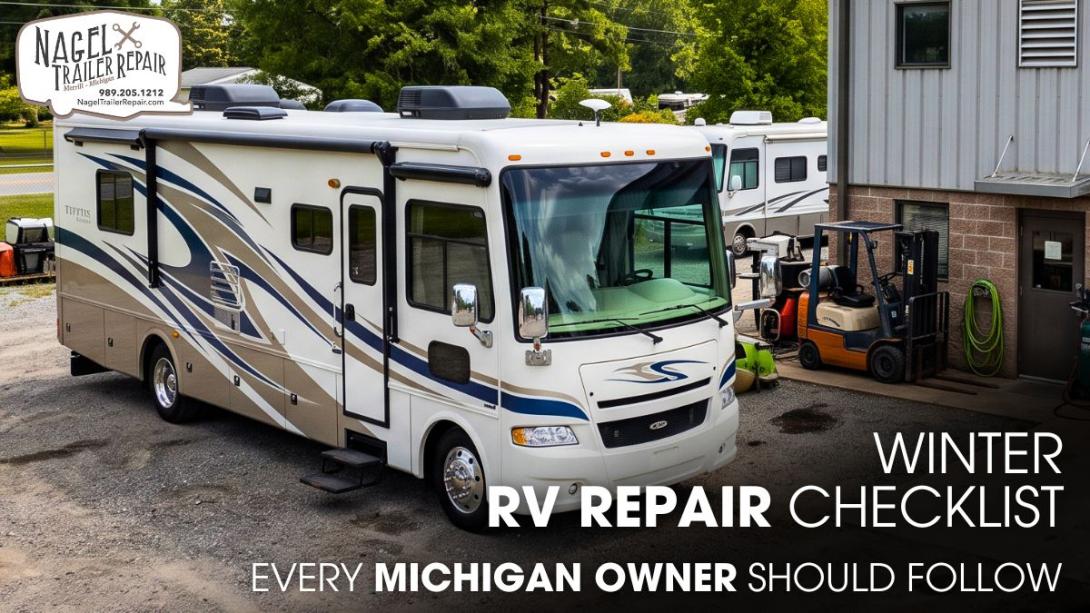 A Class A Motorhome Parked Outside of a Workshop for Repair Works