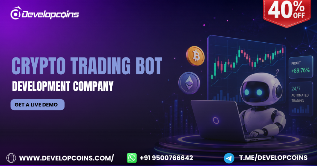 Promotional banner for Developcoins showcasing Crypto Trading Bot Development services. A futuristic AI robot works on a laptop beside a live crypto trading dashboard with Bitcoin and Ethereum icons. The design features a bold headline, a prominent 40% OFF badge, dark purple futuristic background, and footer displaying the website, phone number, and Telegram contact