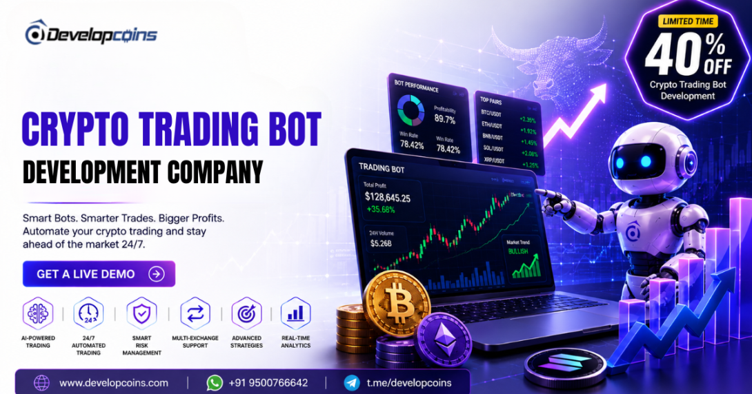 Crypto Trading Bot Development Company with AI trading robot, automated crypto trading dashboard, and 40% offer by Developcoins