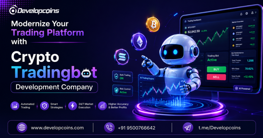 AI-powered Crypto Trading Bot Development dashboard showing automated trading, real-time market analysis, algorithmic strategies, and multi-exchange cryptocurrency trading.