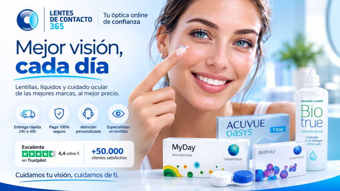 Mujer sosteniendo una lentilla junto a productos de Lentes de Contacto 365, óptica online especializada con entrega rápida y atención personalizada en España.