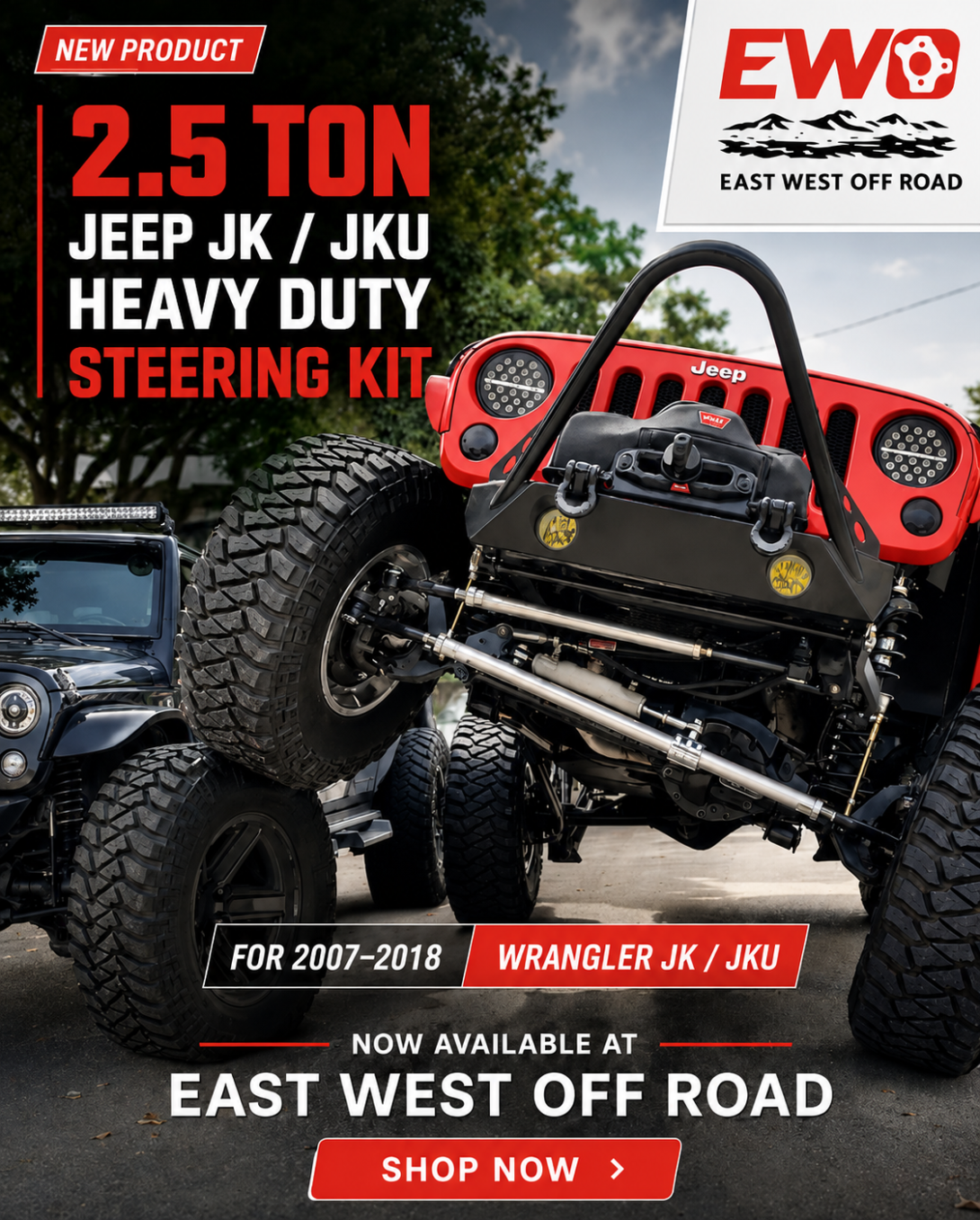 Upgrade your Jeep JK or JKU with a 2.5 ton 7075 aluminum tie rod and drag link steering kit for stronger off-road steering performance.