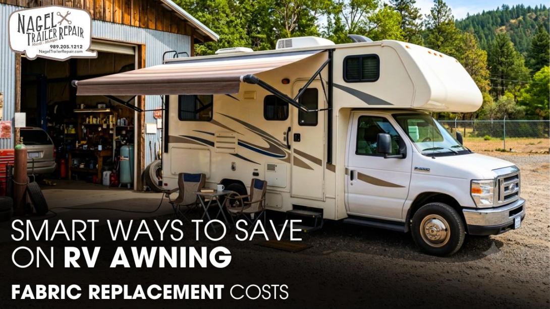 A Class C Motorhome Parked Outside of a Workshop for Awning Repair Works