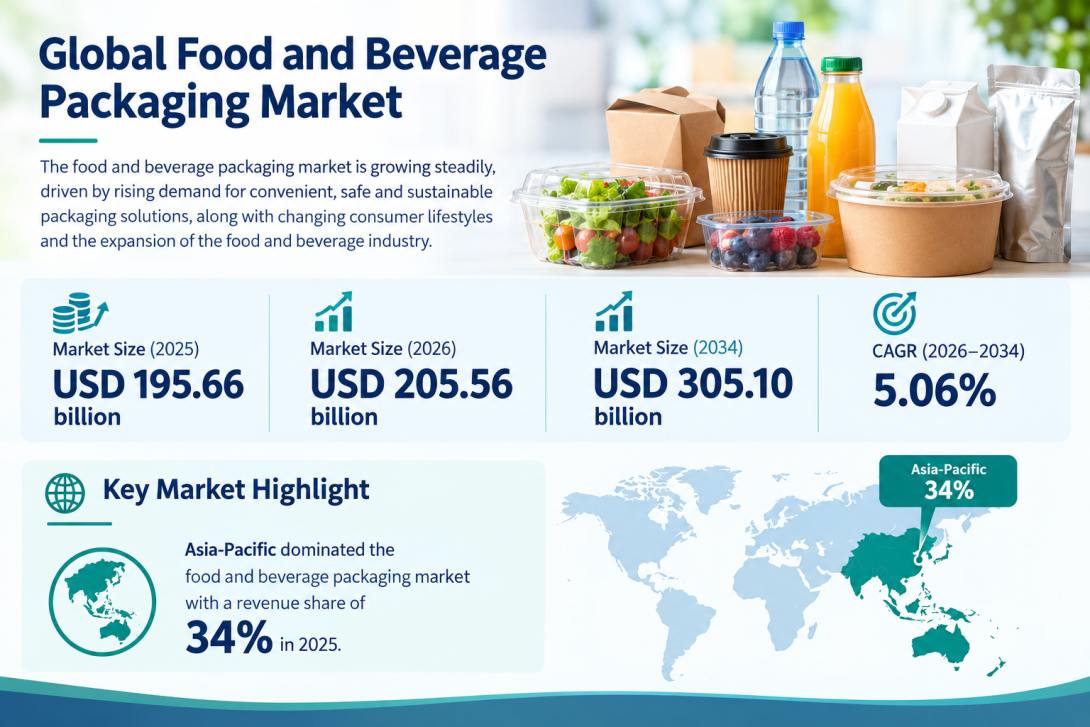 The global Food and Beverage Packaging Market is projected to grow from USD 205.56 billion in 2026 to USD 305.10 billion by 2034, driven by increasing demand for safe, convenient, and sustainable packaging.