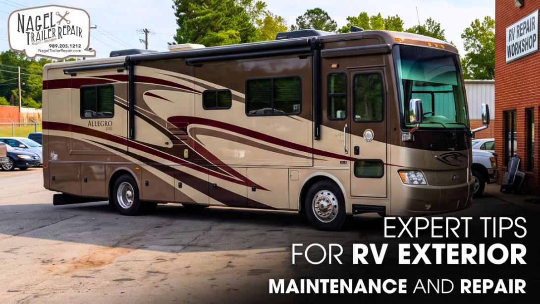 A Class A Motorhome Parked Outside of an RV Repair Shop for Maintenance Works