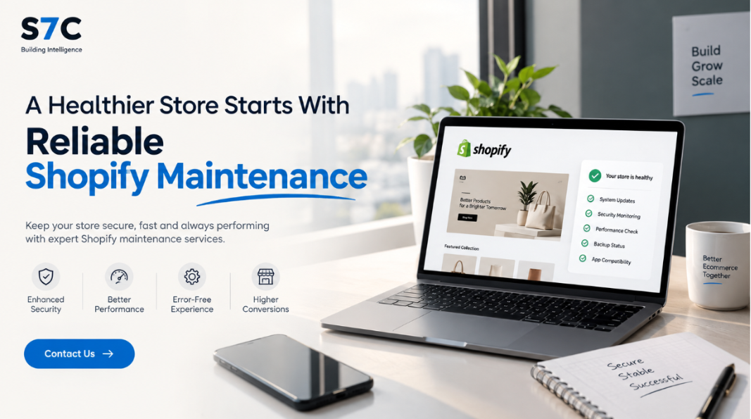 A professional Shopify maintenance banner highlighting secure, reliable, and high-performing online stores, with a focus on enhanced security, better performance, error-free experiences, and higher conversions.