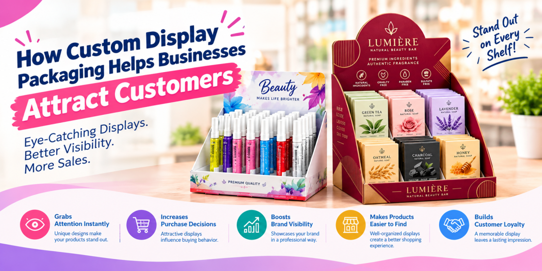 Custom display packaging featuring cosmetic products and colorful retail display boxes to help businesses attract customers and improve product visibility.