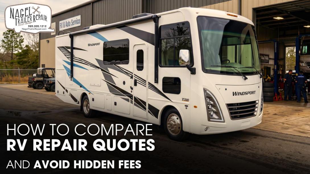 A Thor Windsport Class A Motorhome Parked Outside of an RV Repair Shop