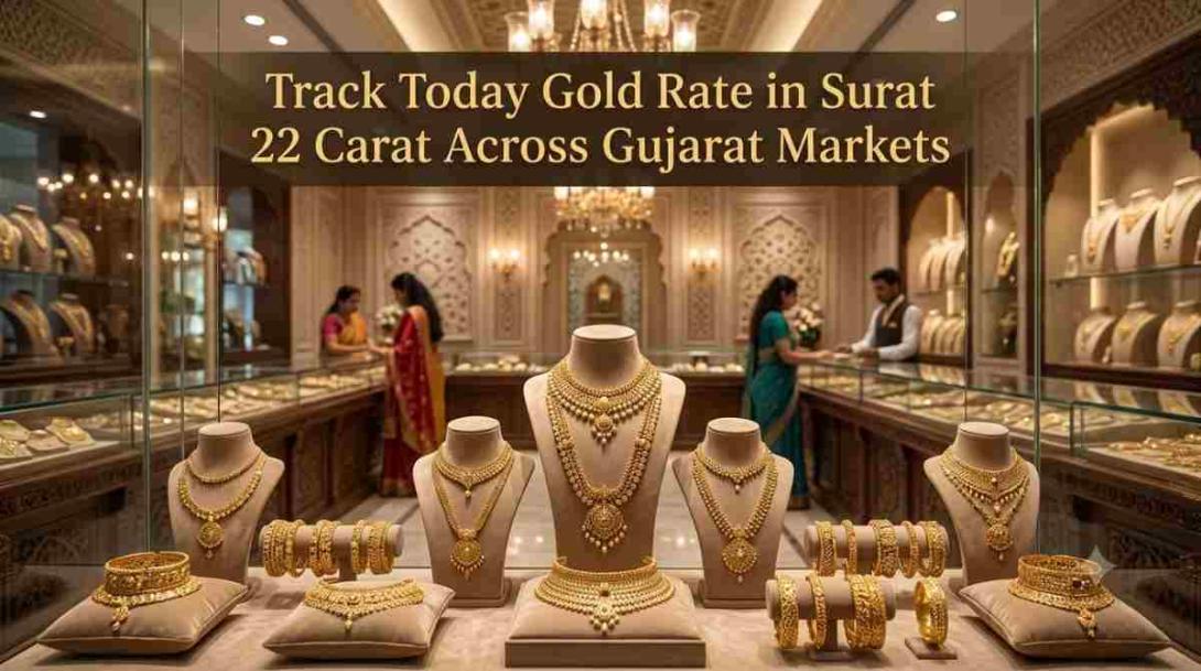22 carat gold jewellery displayed to represent the gold rate in Surat